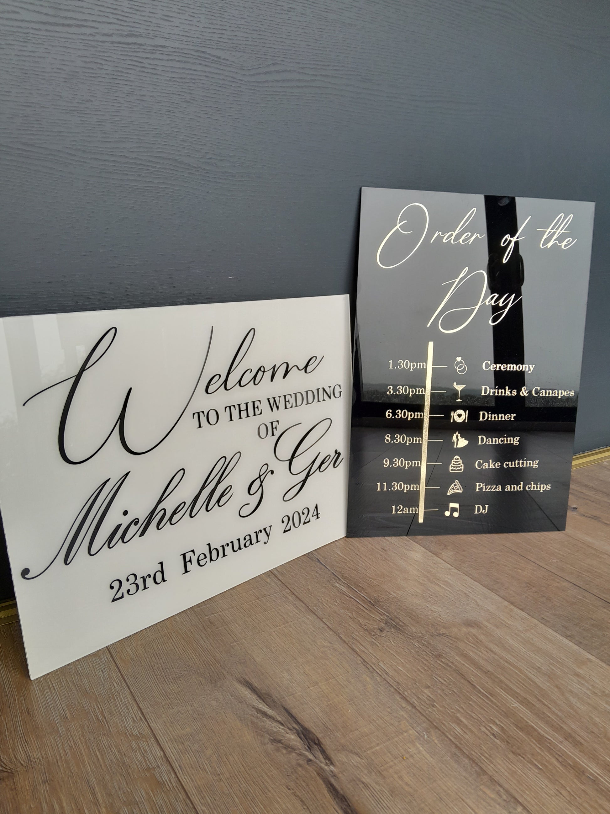 Black and white Welcome wedding sign and Order of the day wedding sign. Displays the list of events on your wedding day. Made from 3mm black acrylic with gold vinyl