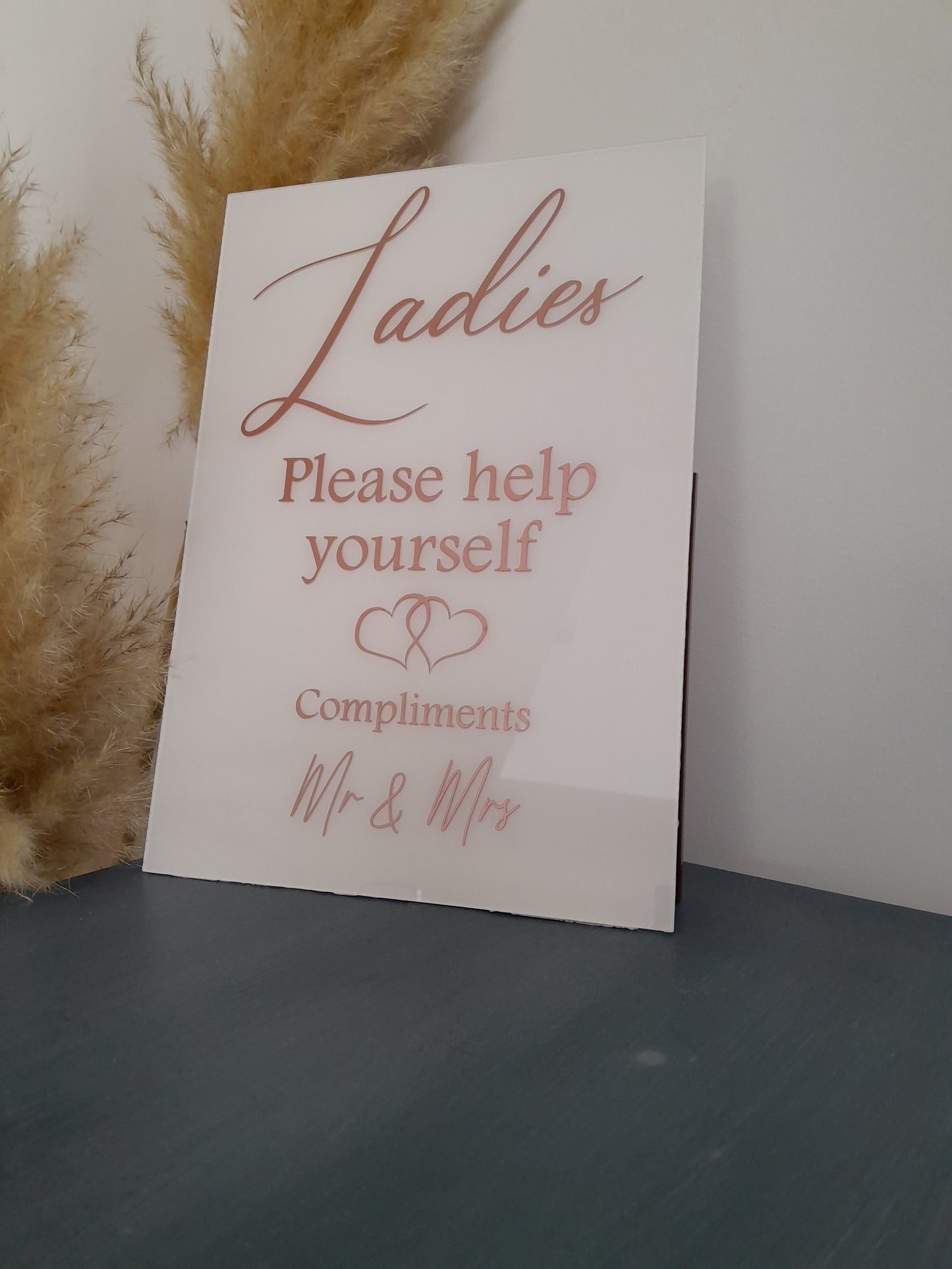 Add a unique touch to your wedding with our A4 acrylic wedding signs. Painted in a color to match your theme, the text can be totally personalised for you. 
Whether 