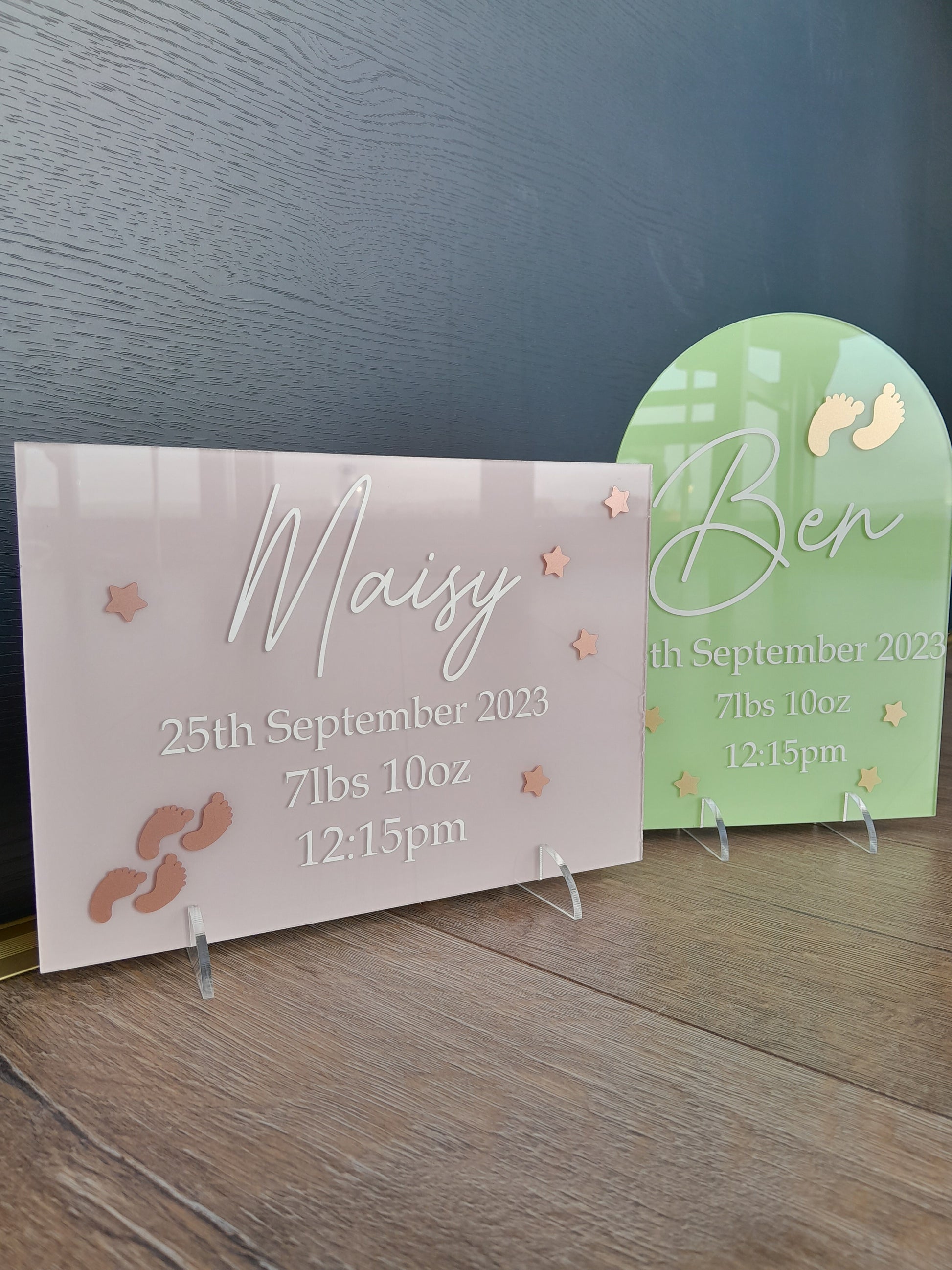 Check out these elegant baby plaques to celebrate the new arrival. This sign displays babies names, date of birth, weight and time and make a lovely new baby gift. 
