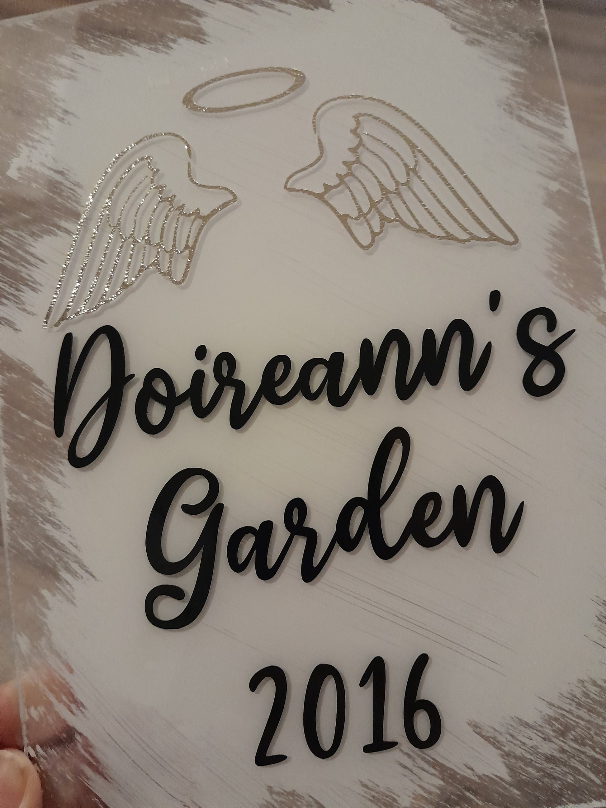 acrylic Memorial Plaques. angel wings with text "Nana, gone but never forgotten"