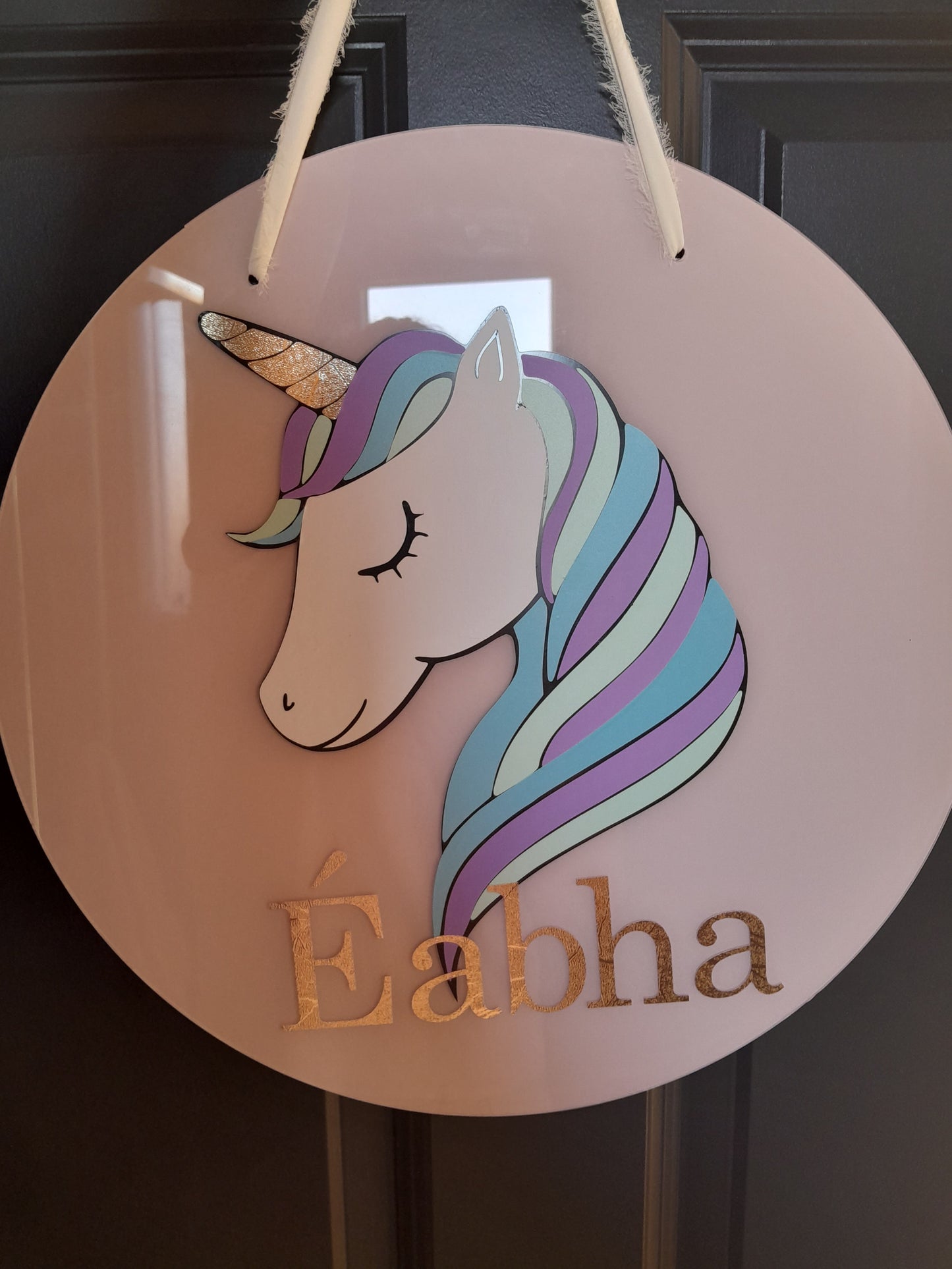 Add a touch of magic to room decor with the statement Unicorn Name Sign. These are available from 20cm to 40cm and come with hanging holes and a ribbon. They are made fr