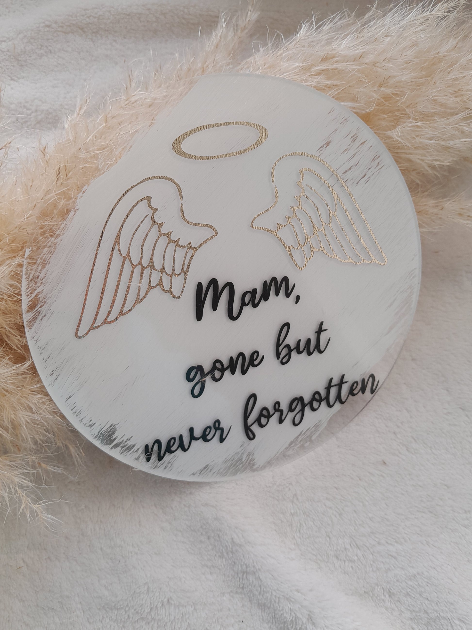 acrylic Memorial Plaques. angel wings with text "Nana, gone but never forgotten"