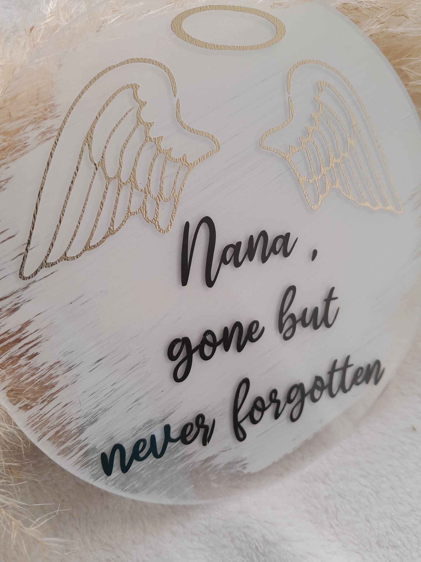 acrylic Memorial Plaques. angel wings with text "Nana, gone but never forgotten"