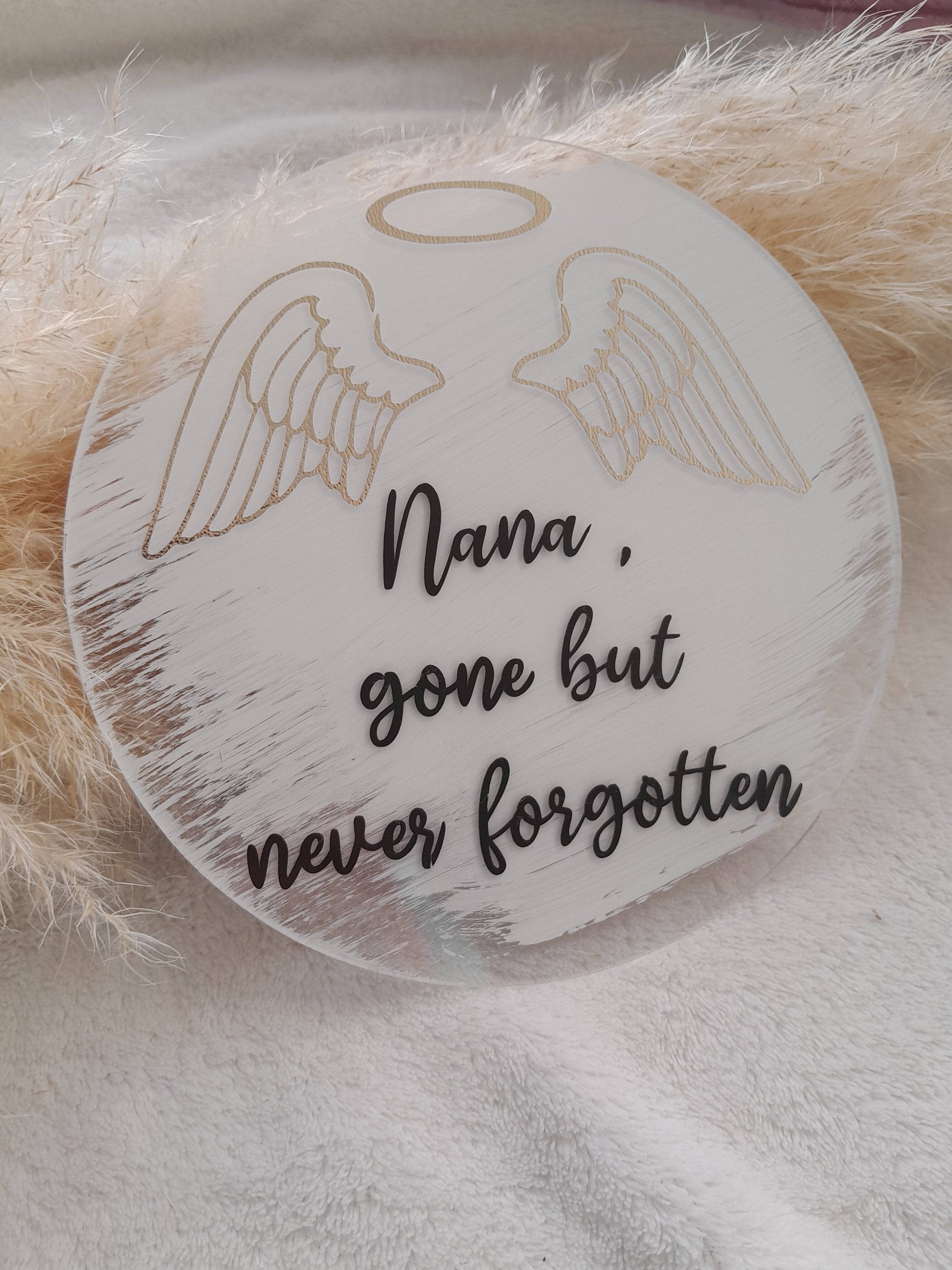 acrylic Memorial Plaques. angel wings with text "Nana, gone but never forgotten"