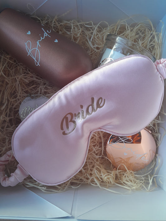 Make sure you get that beauty sleep before the big day with these luxurious pink satin eye masks. 
Enter the text required in the Personalisation box. You can add an