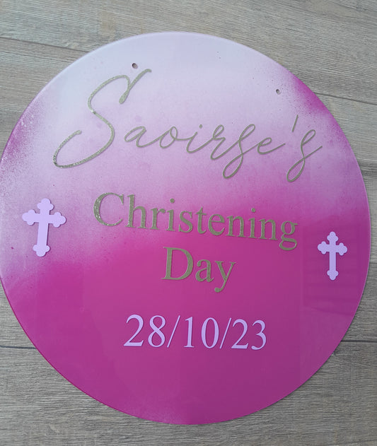 Our acrylic christening signs make a beautiful touch to your baby's special day. They come in circular from sizes 30cm to 60cm and rectangle from A4 to A1. 
These ch