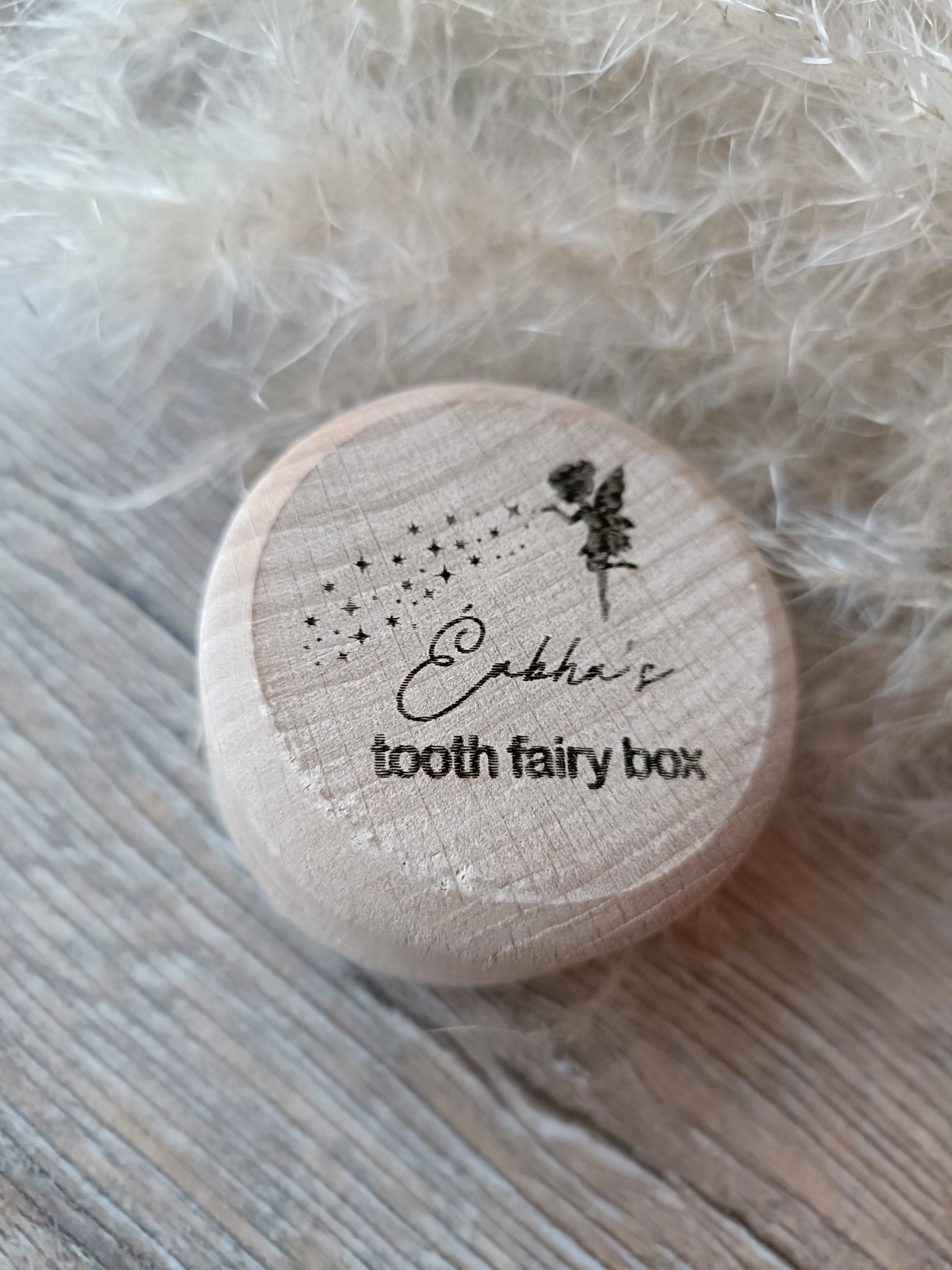 Tooth fairy wooden box with engrved fairy and text "Childs name, tooth fairy box"